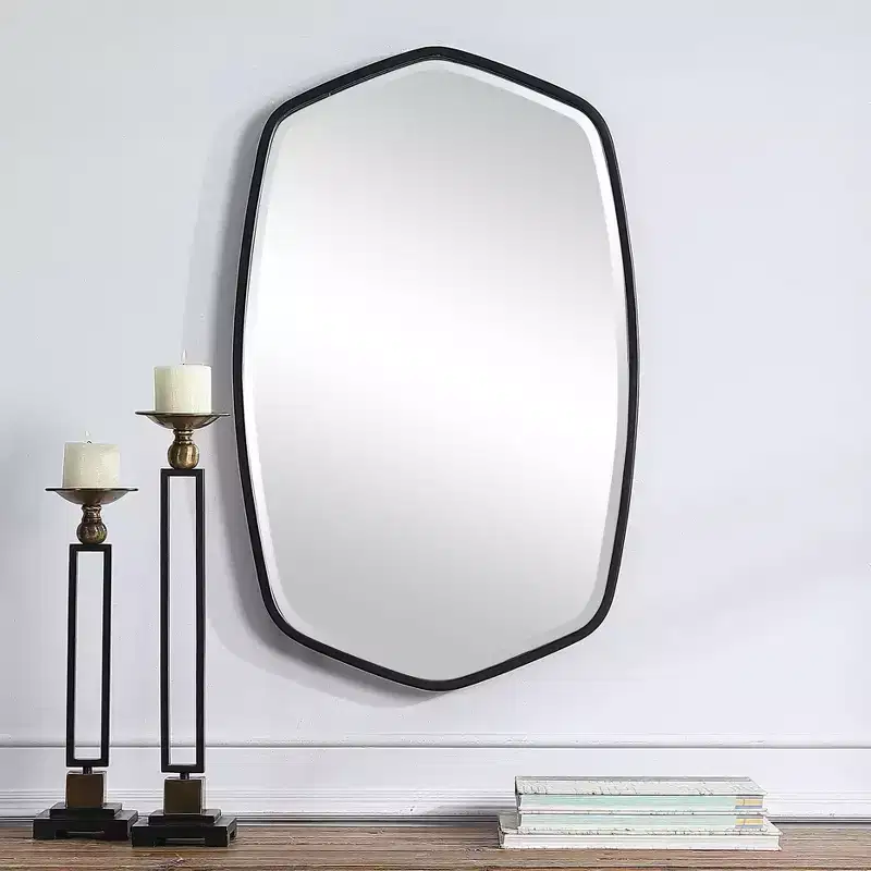 Vanity Accent Wall Mirror Modern Beveled Satin Black Iron Metal Frame 22 1/4 Wide for Bathroom Bedroom Living Room Home