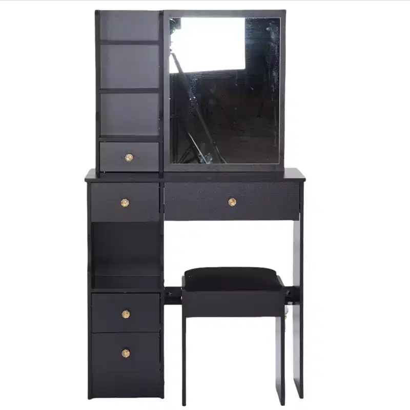 Small vanity table with left drawer, extra-large sliding mirror, cushioned stool, multiple layers and large capacity.