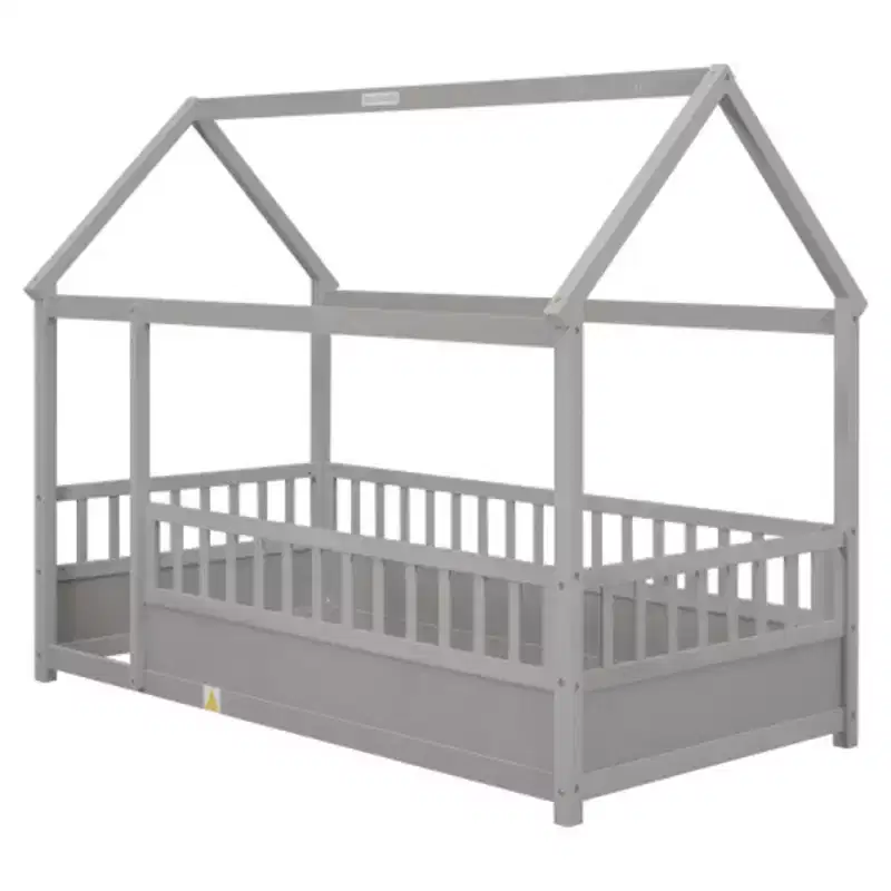 One-person Measure Low-level Wooden Bed equipped features House Roof Frame, Fence Guardrails