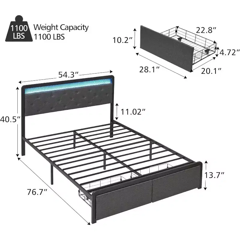 Garvee Queen/FULL Bed Frame with 2 Storage Drawers, LED Lights Upholstered Platform Bed with Heavy Duty Metal Slats, No Box Spring Needed, Noise Free