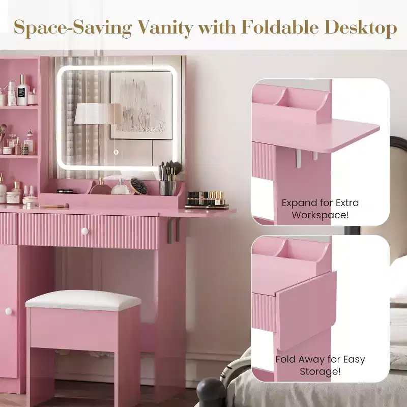 Vanity Set Vanity Desk with Mirror Makeup Desk w/ 3 Lighting Modes, Power Outlet