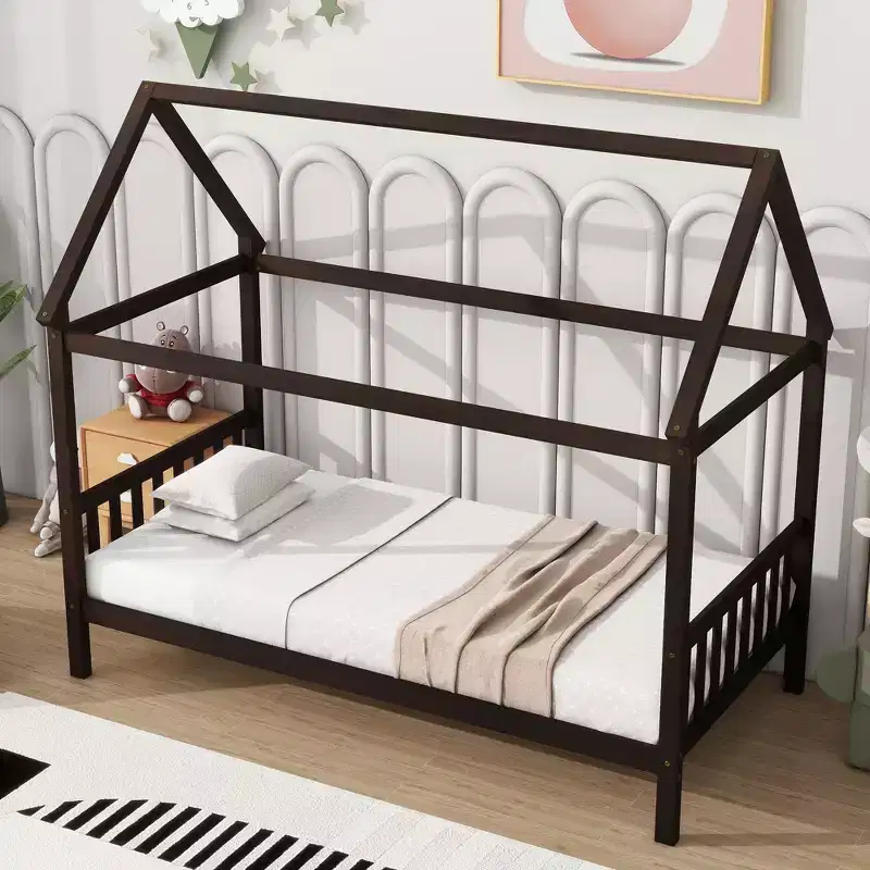 MAYEERTY Twin Rubber Wood Bed with House Frame Brown