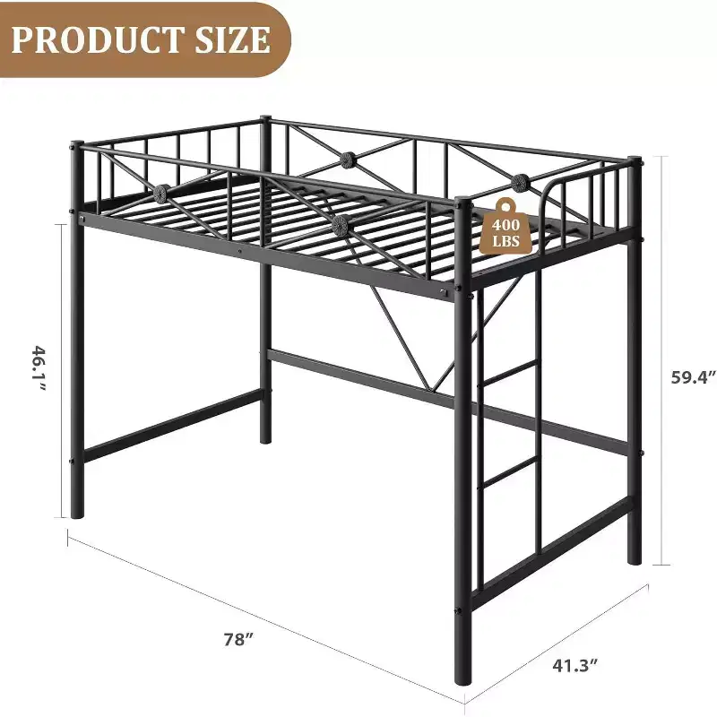 Twin Size Metal Loft Bed Frame, Heavy Duty Steel Loftbed with Safety Guardrails, Space-Saving Design for Kids Bedroom, Dorm or School Room
