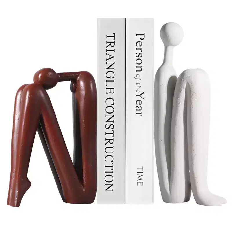 Thinker Statue Bookends in White and Brown - Heavy-Duty Resin Book Stoppers