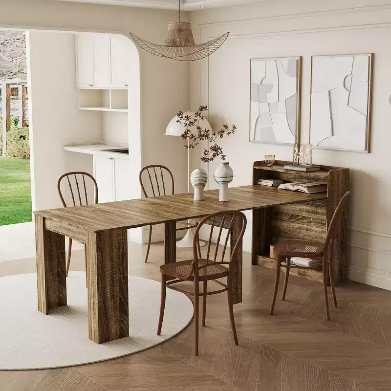 Okak 95.43IN Modern Extendable Dining Table with Storage, Space-Saving Folding Table with Long Tabletop, Kitchen Table for Dining Room