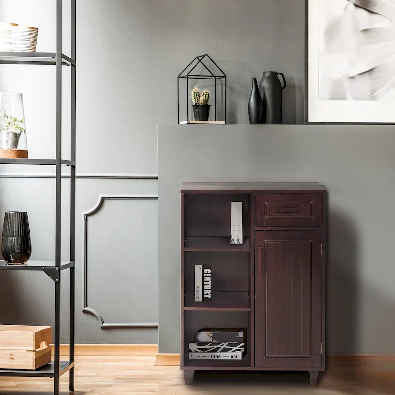 Freestanding Bathroom Floor Cabinet with Mixed Open & Closed Storage, Modern Style Linen Tower
