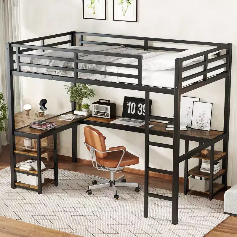 Bellemave Twin XL Metal Loft Bed with Desk and Shelves, Loft Bed with Ladder and Guardrails, Loft Bed Frame for Bedroom, Black