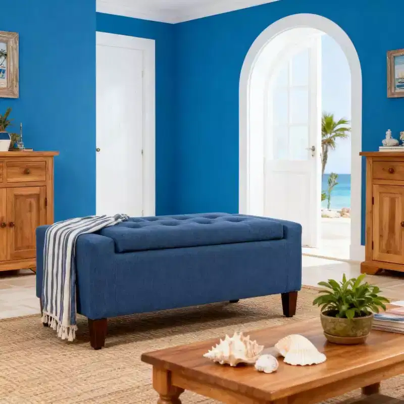 Blue/Gray Upholstered Lift-Top Storage Ottoman Bench, Seats 1