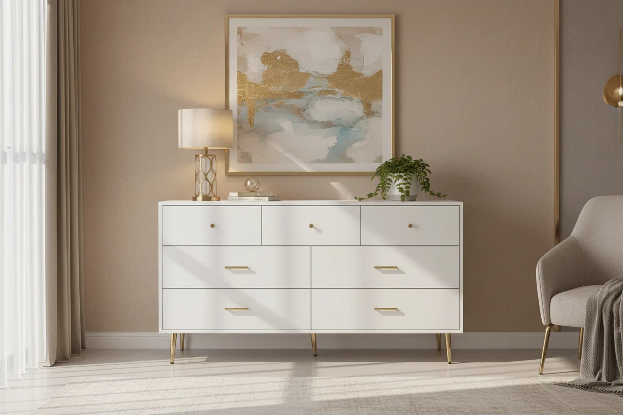 Seven Drawers Large Chest Of Drawers Cabinet With Golden Handle And Golden Legs White