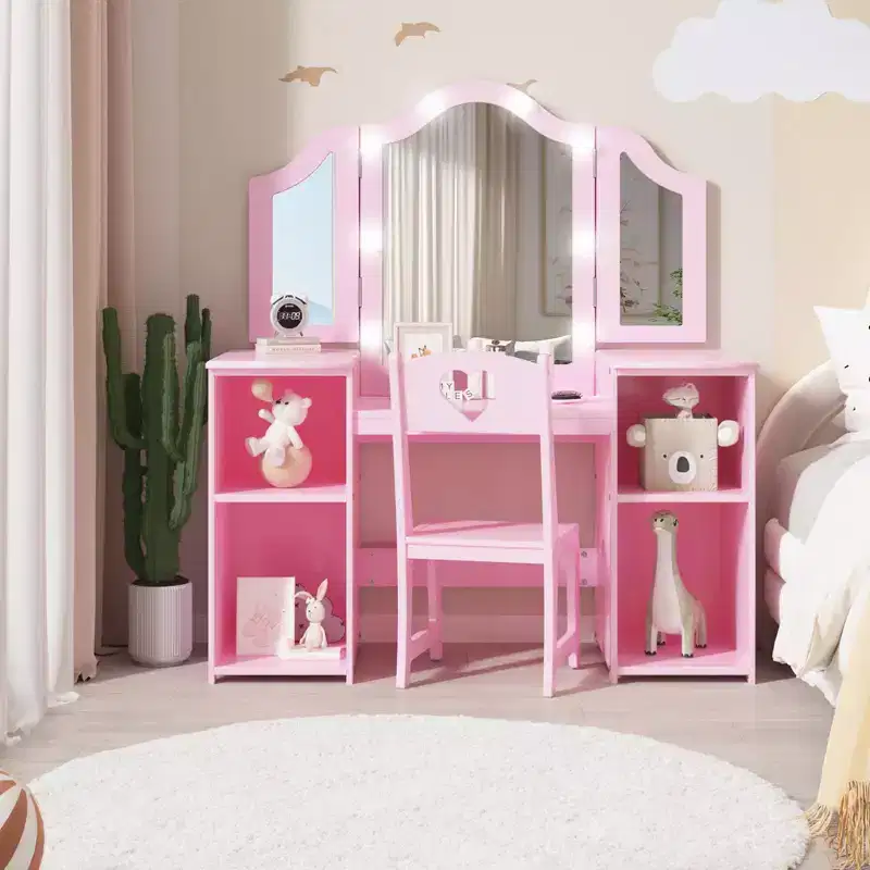 Pink / White Kids Vanity Table & Chair Set with Touch Light Mirror – 2-Piece, Ages 3+