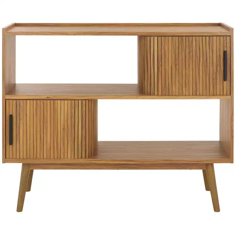 Tambour Door Media Stand, Deep Walnut Finish with Tapered Legs