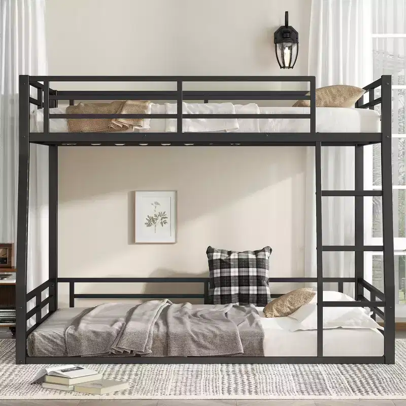 Full XL Over Queen Metal Bunk Bed with Guardrails, Black