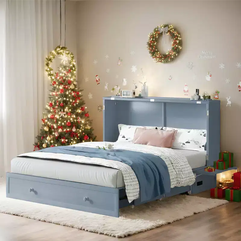 Queen Size Murphy Bed Cabinet with USB Charging, Storage Drawer & Mattress