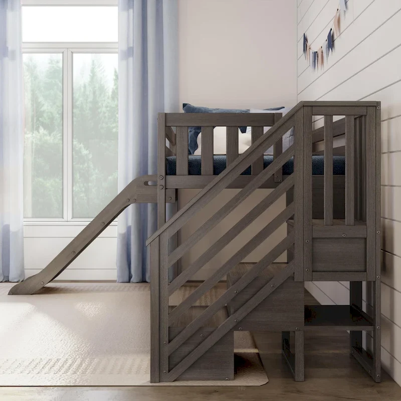 Max and Lily Classic Twin Low Loft with Stairs, Easy Slide and Curtain