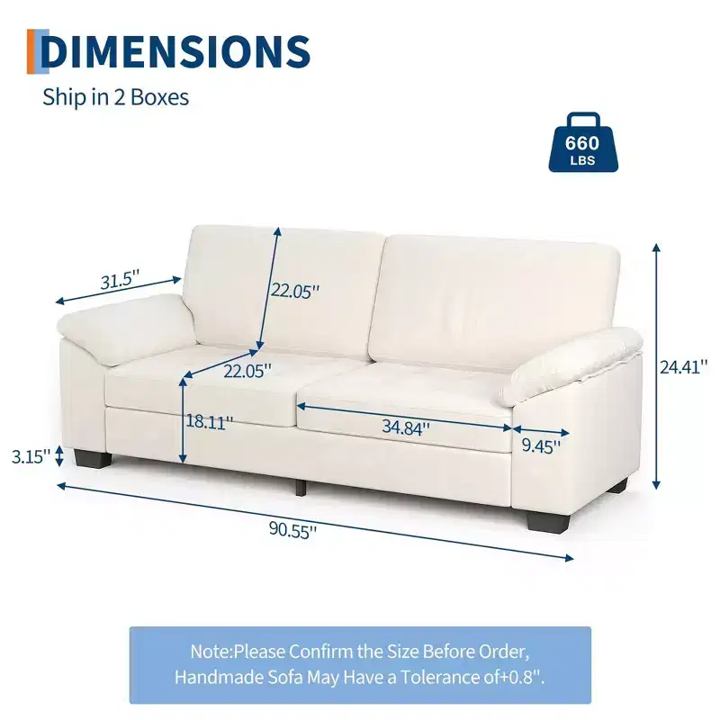 90 3 Seater Sofa Counch Velvet Upholstered Oversized Loveseat with Soft Spacious Armrests