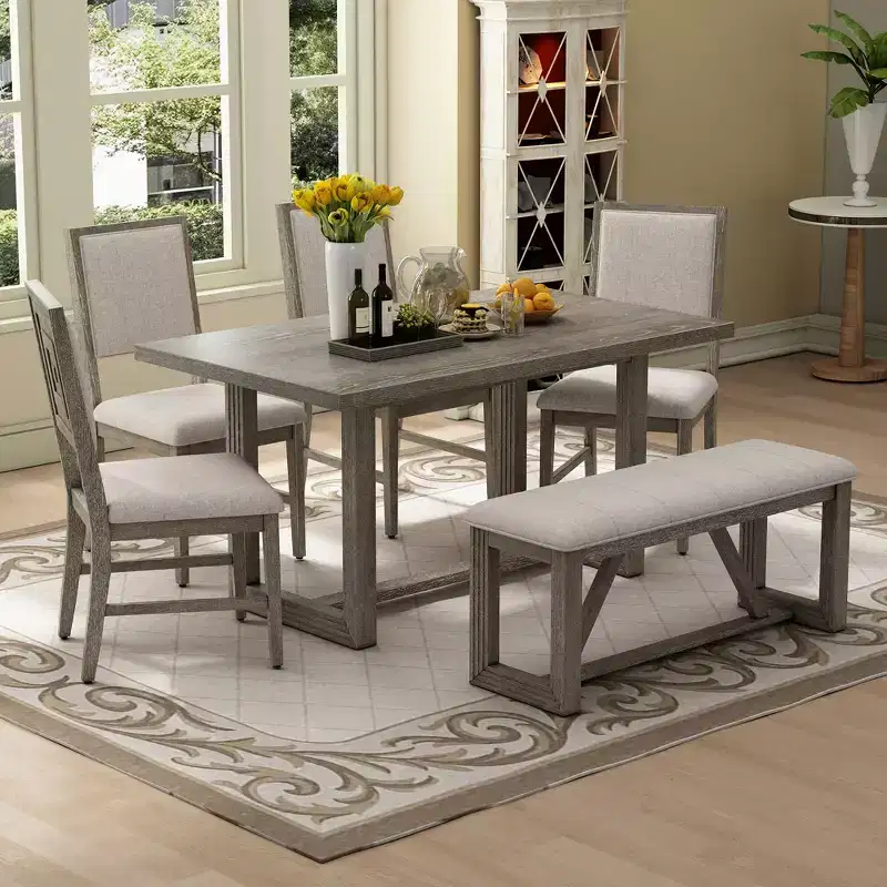 Whisen 6-Piece Retro Dining Set with 4 Upholstered Chairs and 1 Bench