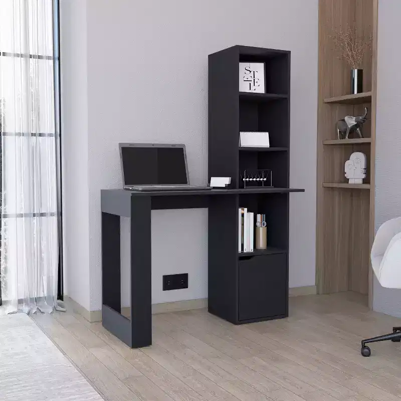 25 Computer Desk,Home Office Desk with 4-Tier Bookcase,1 Cabinet,Ample Work Surface,Writing Desk for Bedroom,Study,Small Spaces