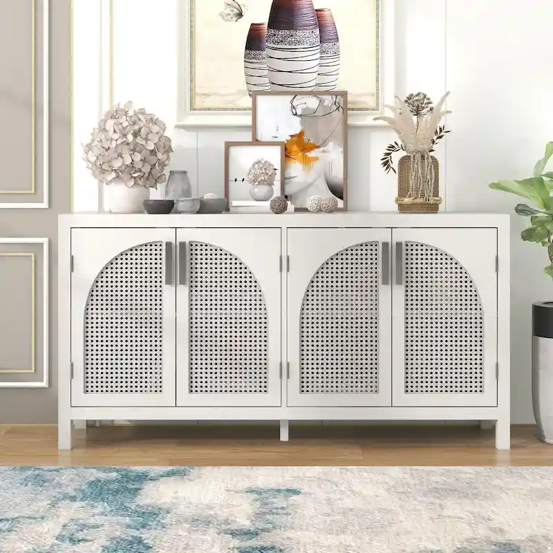 White/Gray/Black Boho 4-Door Sideboard with Rattan Panels, 60