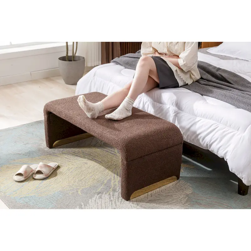 New Boucle Fabric Ottoman Footstool Bedroom Bench Shoe Bench With Gold Metal Legs
