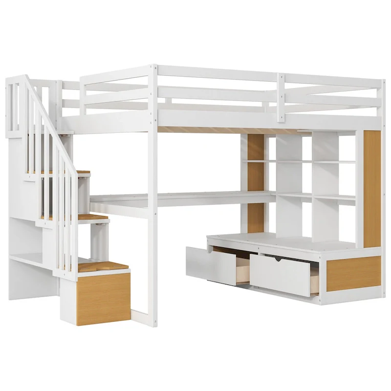 Natural+White Full Solid Wood Loft Bed with Desk & Drawers