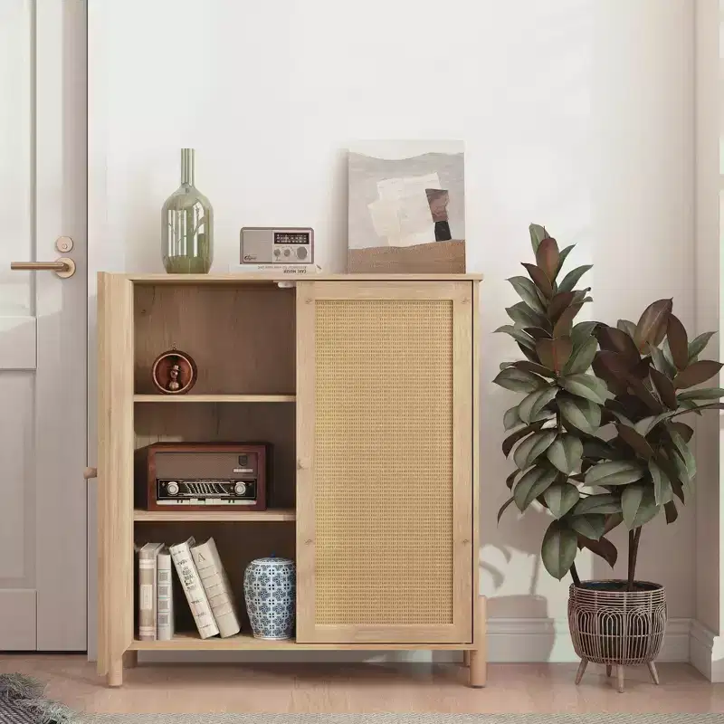 Buffet Cabinet with Storage, Storage Cabinet with PE Rattan Decor Doors, Accent Sideboard Buffet with Wood Feet natural