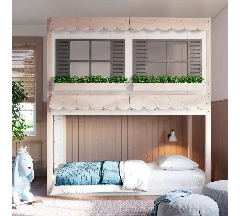 Child Craft Twin Over Twin House Bunk Bed for Kids, Low Wooden Montessori Bunk Bed, Easy Access Ladder to Top Bunk