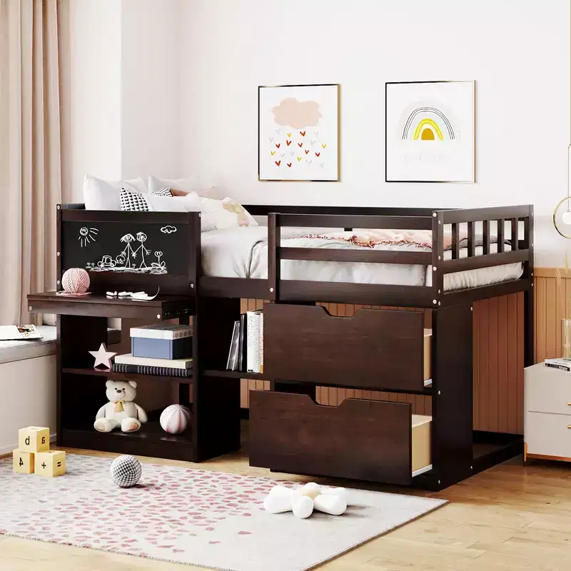 Low Loft Bed with Rolling Desk and Storage Shelves, Wood Twin Size Loft Beds with 2 Drawers and Chalkboard for Kids