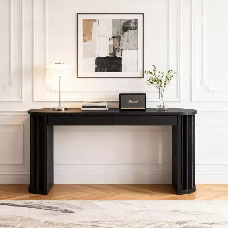 59 Long Console Table with Curved and Straight Line Design for Entrance and Living Room, Black