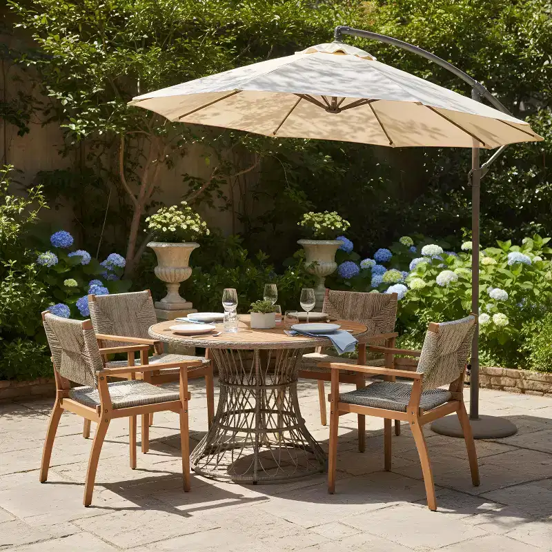 Christopher Knight Home Nan Farmhouse 5 Piece Outdoor Acacia Wood Dining Set with 4 Wicker Armchairs