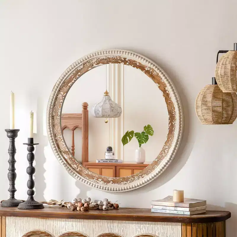 Round Boho Wood Wall Mirror with Bead Frame, 27 Inch Farmhouse Hanging Mirror