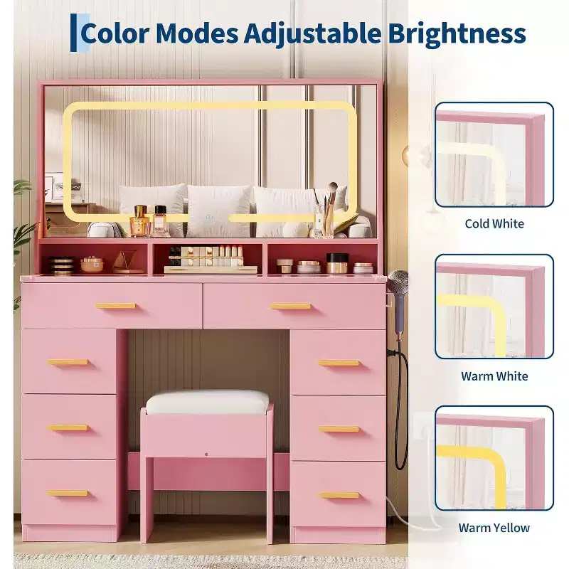 COZONY 42 LED Makeup Vanity Desk with Large Mirror, 8 Drawers, Charging Station & Storage Stool, Pink