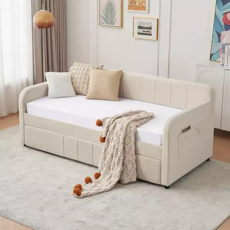 Twin Size Daybed with Trundle, Velvet Sofa Bed with USB Ports & Side Pockets for Living Room, Bedroom, Guest Room - ModernLuxe