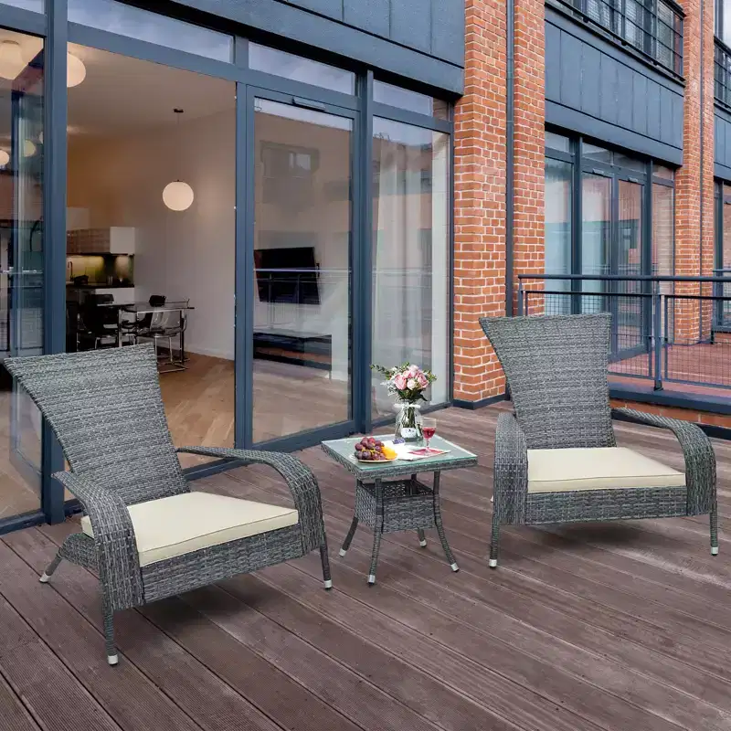 Costway 3-Piece Wicker Adirondack Set Ergonomic Oversized Rattan Chairs w/ Coffee Table Comfy Seat Cushions