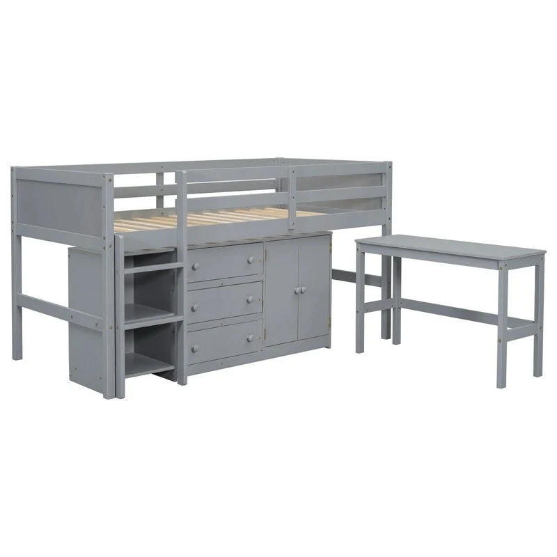 Low Loft Bed With Pull-Out Desk,Drawers,Cabinet and Shelves,Twin Size