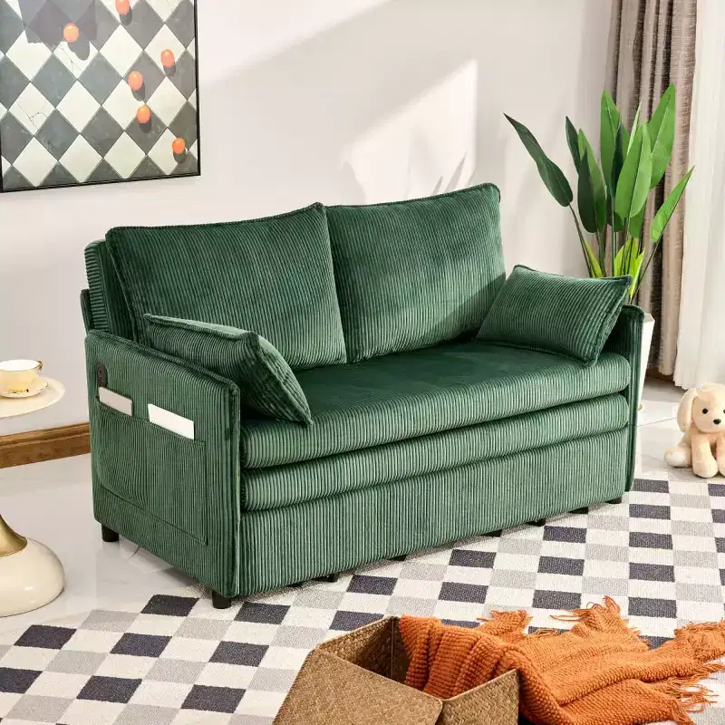 3-in-1 Corduroy Convertible Sofa Bed with USB Port and Side Pocket Storage, Twin Pull Out Sleeper Couch