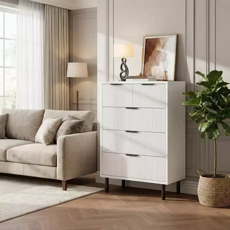 COZONY Fluted 5-Drawer Dresser  Modern Wood Chest w/ Wide Drawers & Metal Legs, Natural Oak