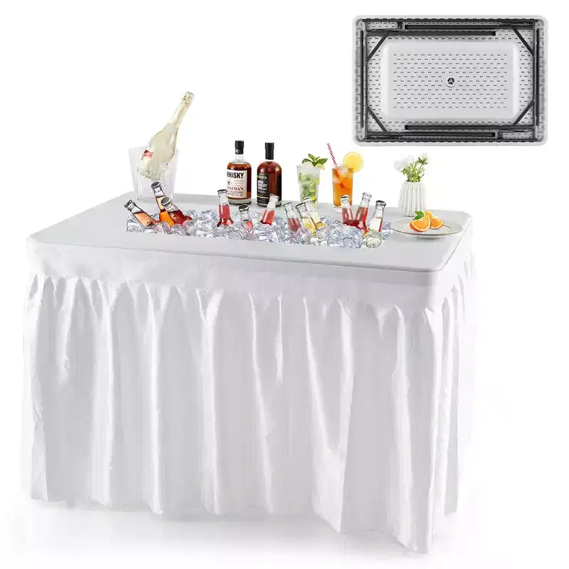 Costway 4FT Folding Ice Bin Table Outdoor Ice Cooler Table w/ Matching Skirt Party BBQ