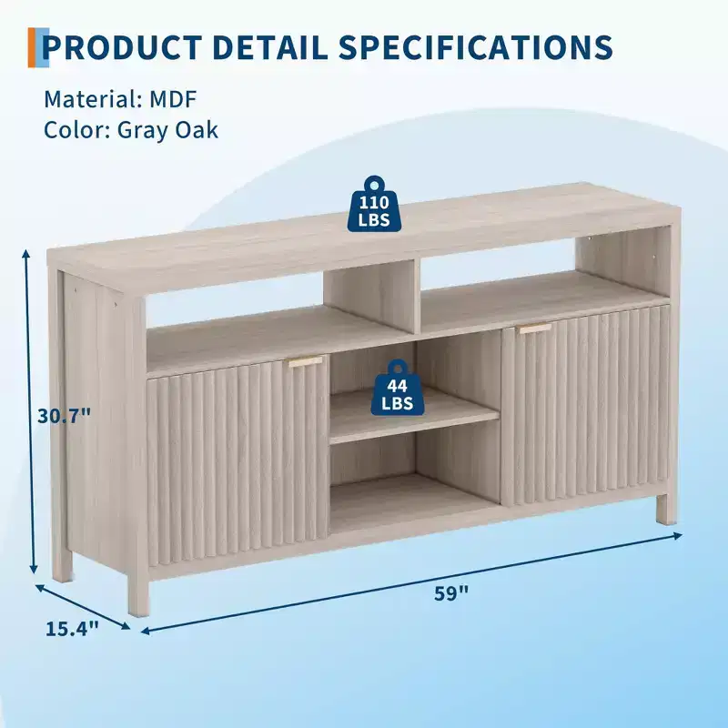 59Fluted TV Stand for TVs Up to 65 in,Mid Century Modern Entertainment Center with Waveform Panels &Open Shelves,Wood Media Console Table for Bedroom