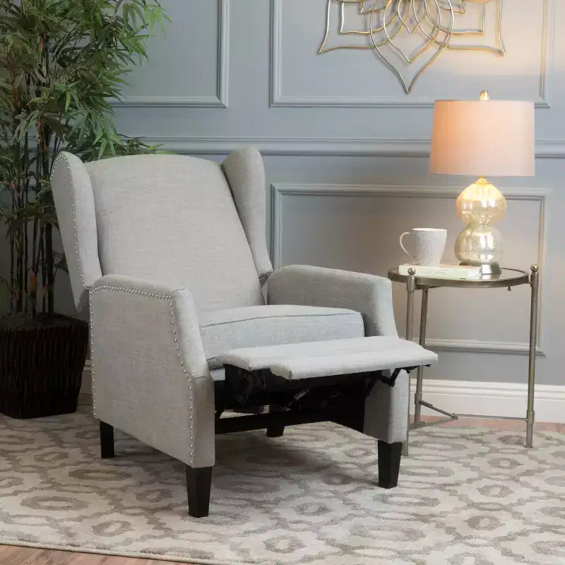 GDFStudio Weyland Contemporary Fabric Wingback Pushback Recliner with Nailhead Accents