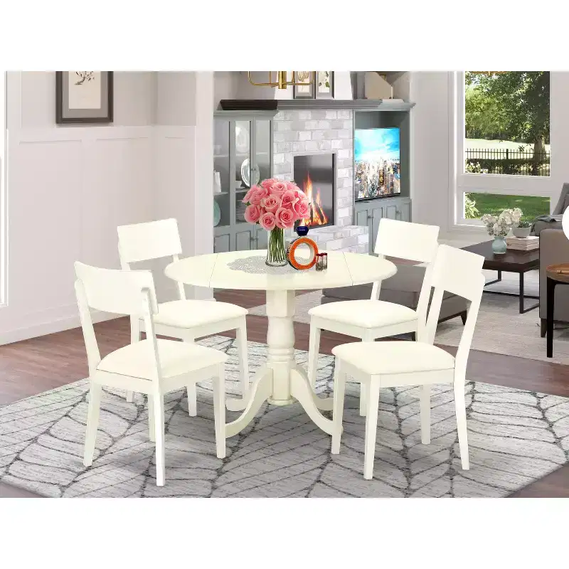 Medieval Dining Set - 5 Piece Round Table & Chairs - Linen White - Modern Kitchen Table Set