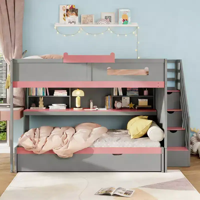 Luxystar Full Over Full Bunk Bed With Storage Stairs, Adjustable Lighted Bookcase and Trundle