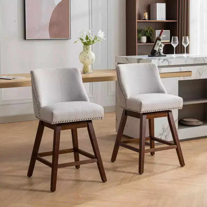 Okak 26H Swivel Upholstered Counter Height Bar Stools Set of 2, Wooden Counter Stools for Kitchen Island & Dining Room