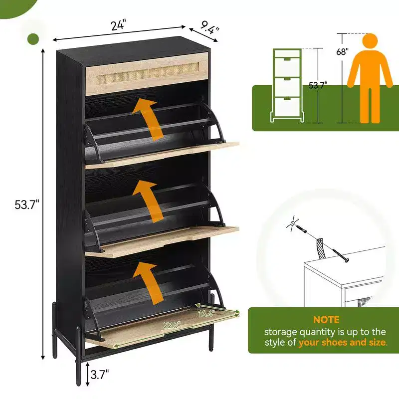 Shoe Cabinet with 3 Flip Drawers and Single Drawers - Hidden Wood Rattan Shoe Storage Cabinet