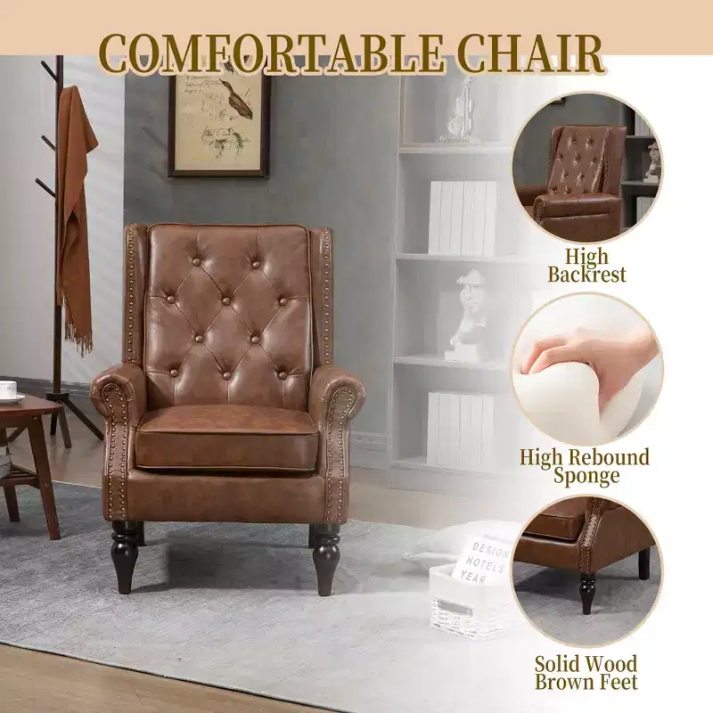 Wood Frame Armchair, Sturdy Wood Legs, Living Room Bedroom, Black PU