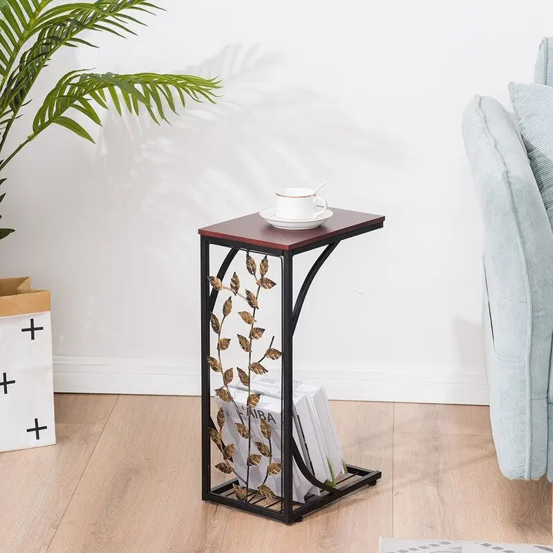 C-Shape Side Table with Leaf Pattern Iron Frame and Wood Top, Brown and Gold, 12L x 8.27W x 21.26H in