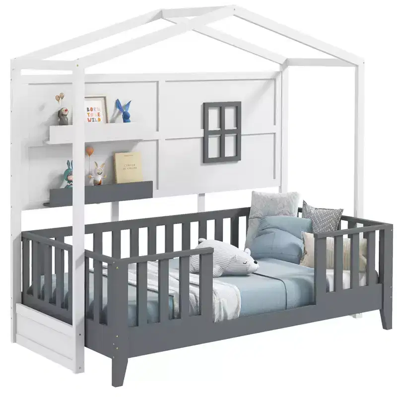 Twin Size Kids House Bed Frame with Fence, Window, Wooden Slats & 2 Storage Shelves – 82