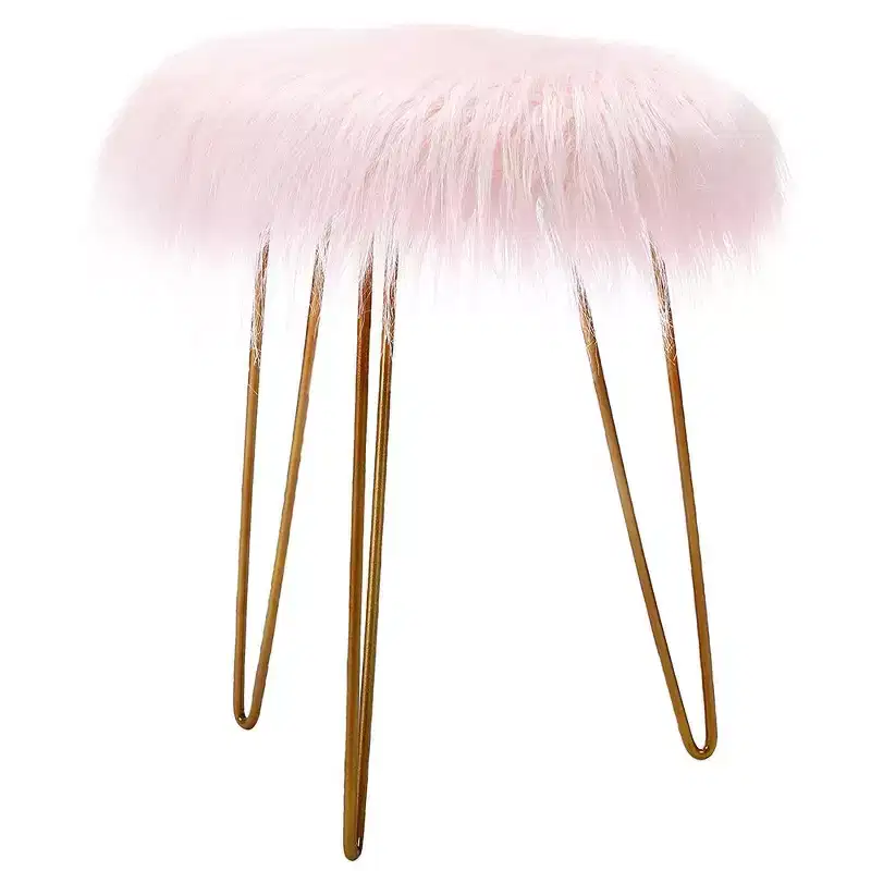 Round Faux Fur Foot Stool Ottoman - Pink with Pale Gold Legs