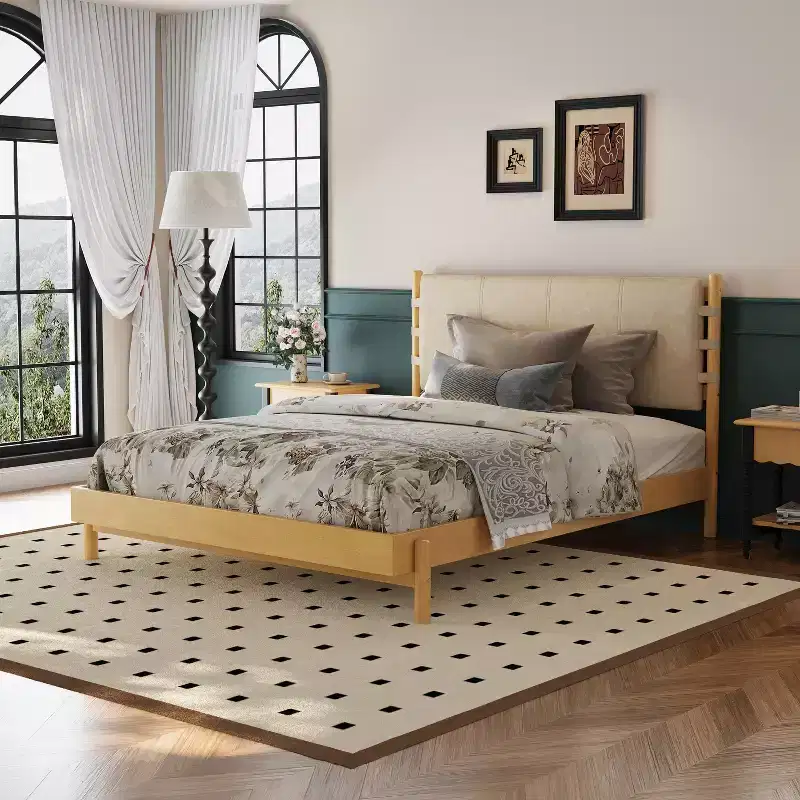 Mid-Century Rubberwood Platform Bed Frame with Faux Leather Strap Headboard