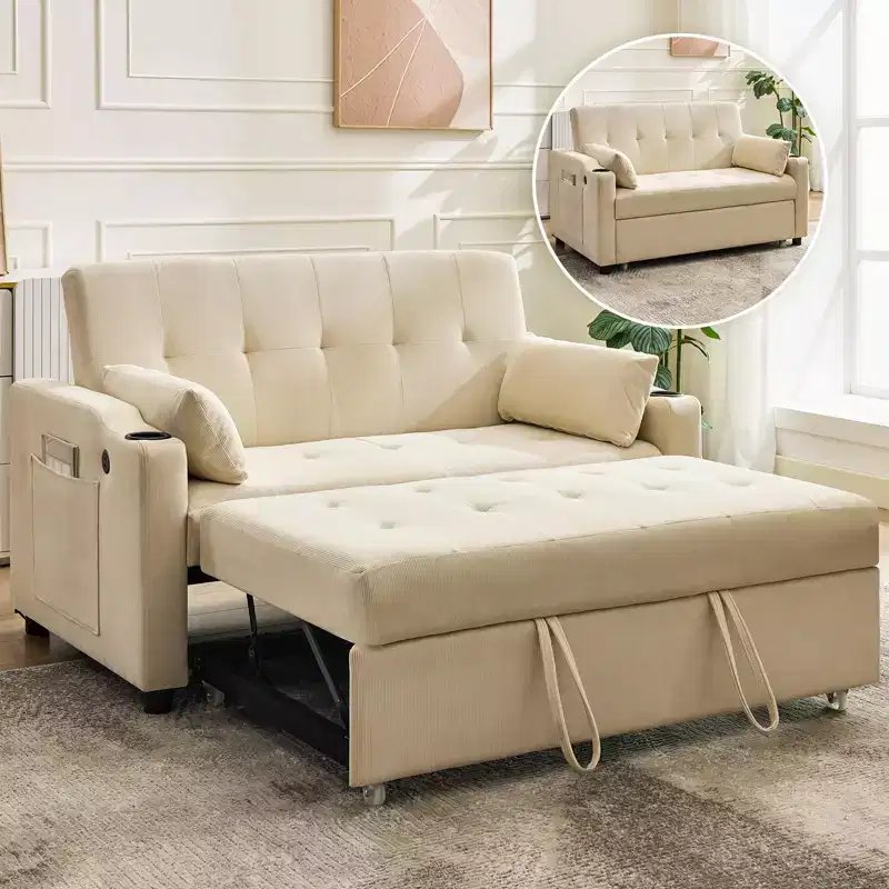 GustoWave Convertible Futon Sleeper Couch, Corduroy Pull Out Loveseat Sofa Bed for Small Spaces, 3 in 1 Compact Sofa Furniture