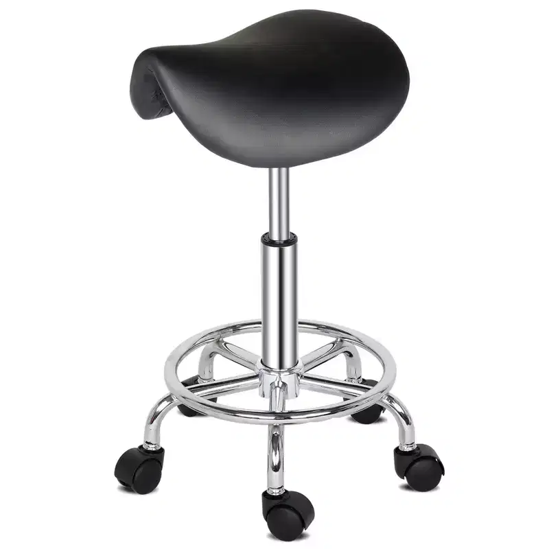Black Height Adjustable Saddle Stool Rolling Bar Stool Salon Chair, Workshop Home Office Use